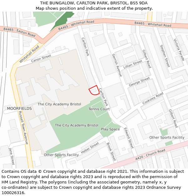 THE BUNGALOW, CARLTON PARK, BRISTOL, BS5 9DA: Location map and indicative extent of plot