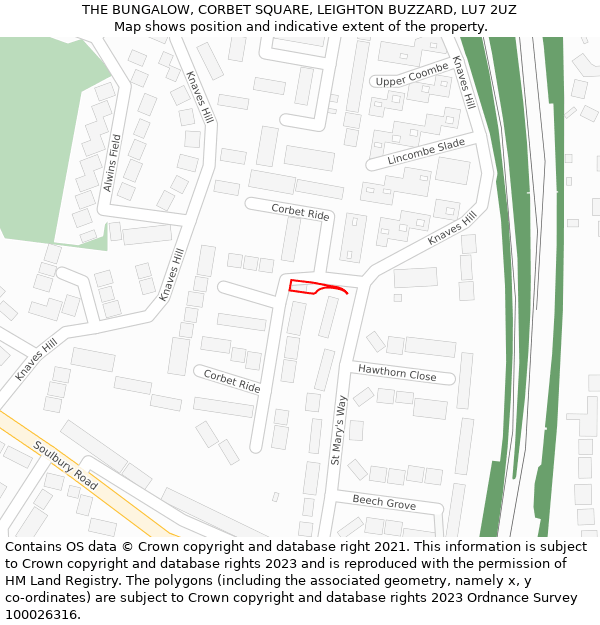 THE BUNGALOW, CORBET SQUARE, LEIGHTON BUZZARD, LU7 2UZ: Location map and indicative extent of plot