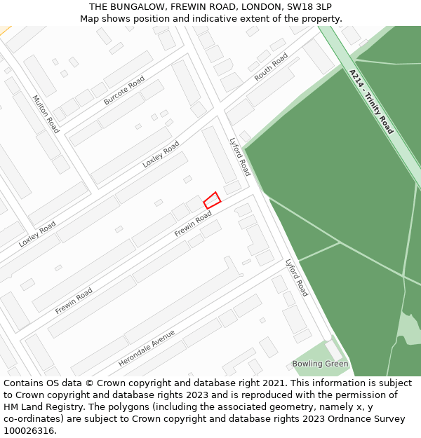 THE BUNGALOW, FREWIN ROAD, LONDON, SW18 3LP: Location map and indicative extent of plot