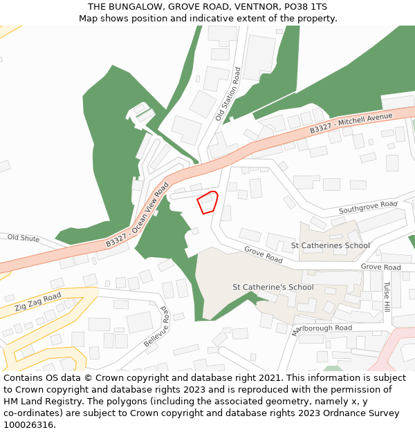 THE BUNGALOW, GROVE ROAD, VENTNOR, PO38 1TS: Location map and indicative extent of plot