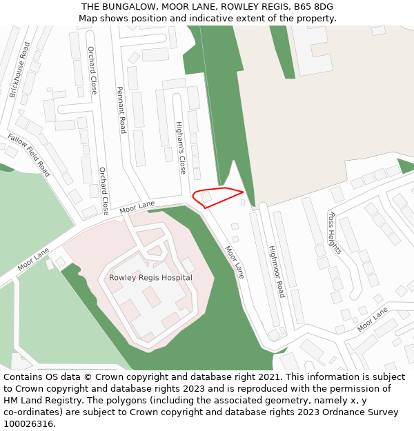 THE BUNGALOW, MOOR LANE, ROWLEY REGIS, B65 8DG: Location map and indicative extent of plot