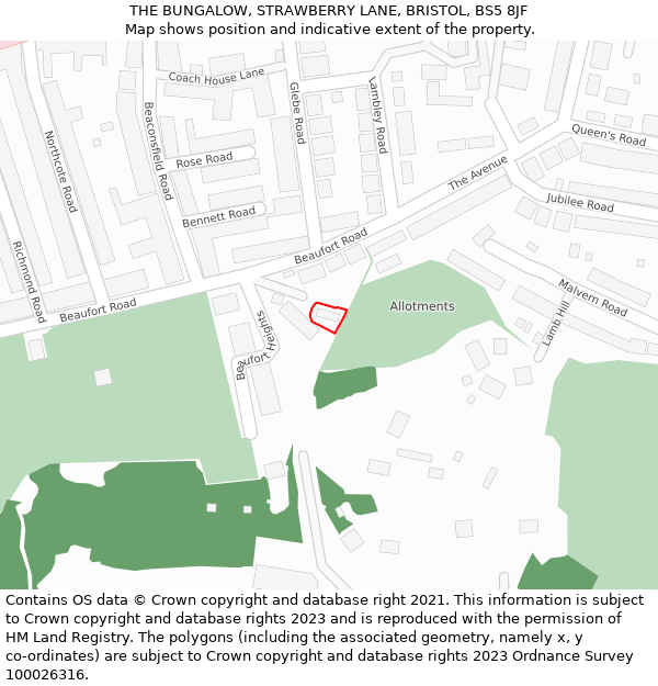 THE BUNGALOW, STRAWBERRY LANE, BRISTOL, BS5 8JF: Location map and indicative extent of plot