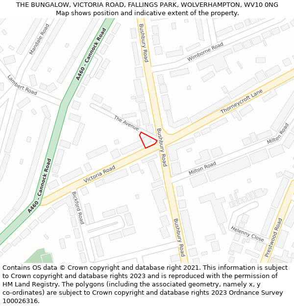 THE BUNGALOW, VICTORIA ROAD, FALLINGS PARK, WOLVERHAMPTON, WV10 0NG: Location map and indicative extent of plot