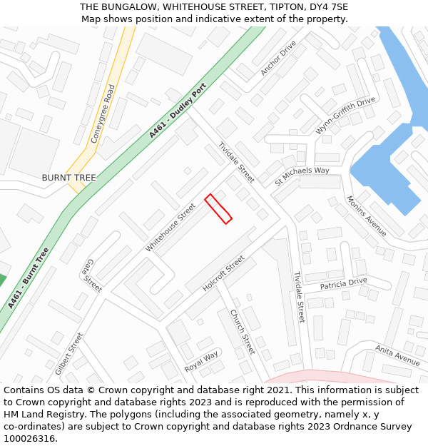 THE BUNGALOW, WHITEHOUSE STREET, TIPTON, DY4 7SE: Location map and indicative extent of plot