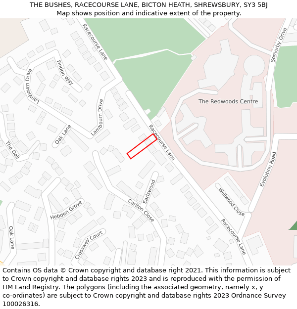 THE BUSHES, RACECOURSE LANE, BICTON HEATH, SHREWSBURY, SY3 5BJ: Location map and indicative extent of plot