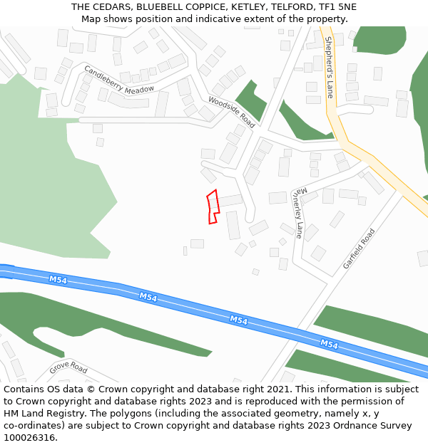 THE CEDARS, BLUEBELL COPPICE, KETLEY, TELFORD, TF1 5NE: Location map and indicative extent of plot