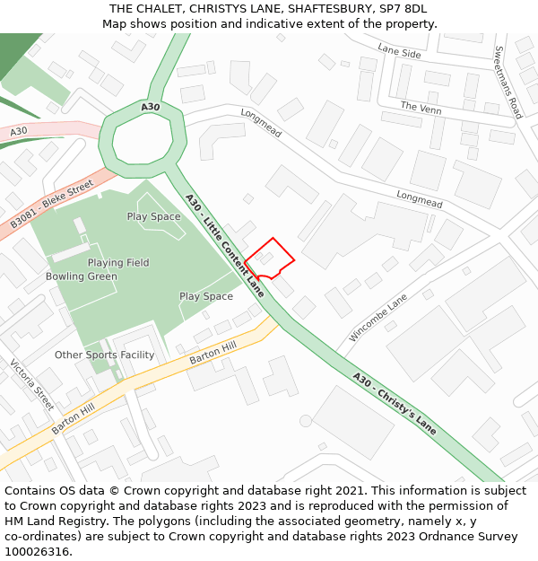 THE CHALET, CHRISTYS LANE, SHAFTESBURY, SP7 8DL: Location map and indicative extent of plot