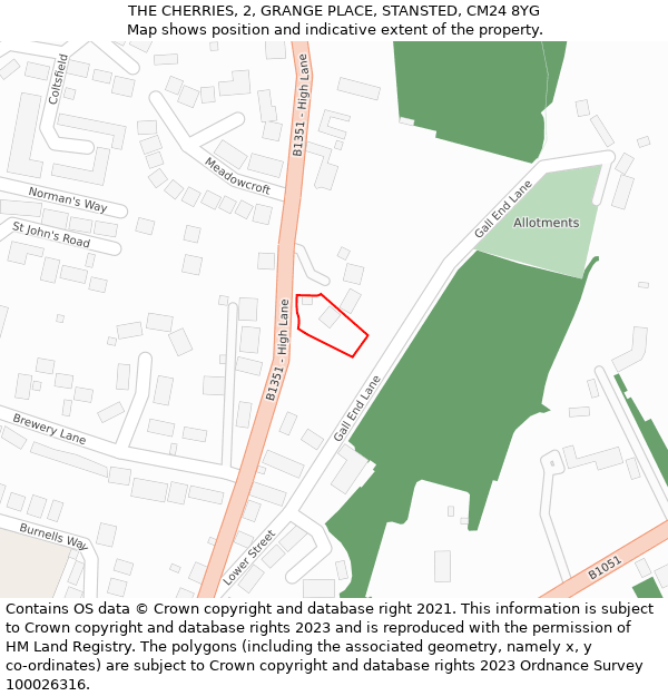 THE CHERRIES, 2, GRANGE PLACE, STANSTED, CM24 8YG: Location map and indicative extent of plot