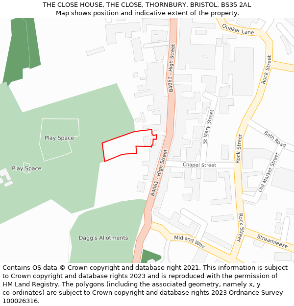 THE CLOSE HOUSE, THE CLOSE, THORNBURY, BRISTOL, BS35 2AL: Location map and indicative extent of plot