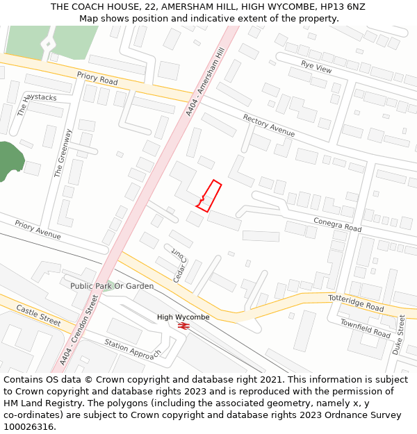 THE COACH HOUSE, 22, AMERSHAM HILL, HIGH WYCOMBE, HP13 6NZ: Location map and indicative extent of plot