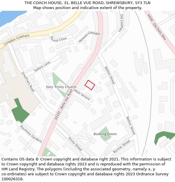 THE COACH HOUSE, 31, BELLE VUE ROAD, SHREWSBURY, SY3 7LN: Location map and indicative extent of plot