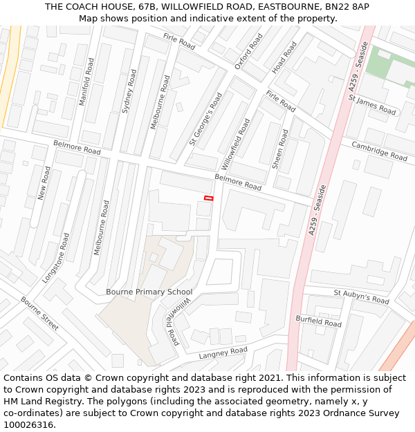 THE COACH HOUSE, 67B, WILLOWFIELD ROAD, EASTBOURNE, BN22 8AP: Location map and indicative extent of plot