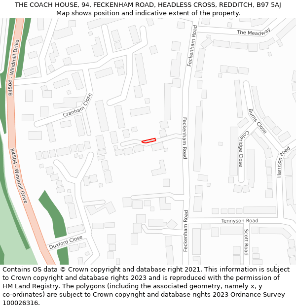 THE COACH HOUSE, 94, FECKENHAM ROAD, HEADLESS CROSS, REDDITCH, B97 5AJ: Location map and indicative extent of plot