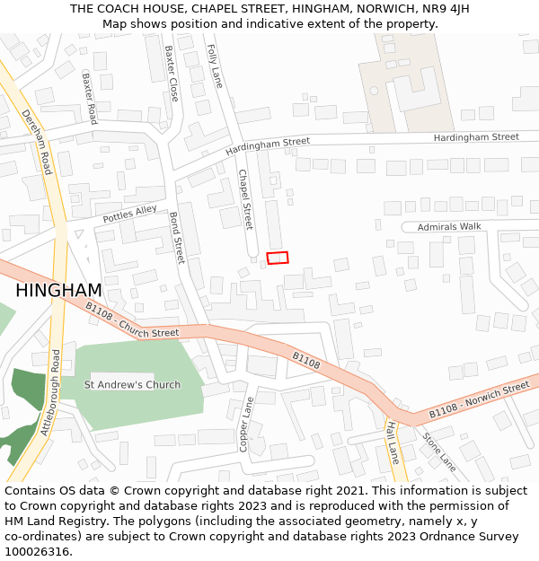 THE COACH HOUSE, CHAPEL STREET, HINGHAM, NORWICH, NR9 4JH: Location map and indicative extent of plot