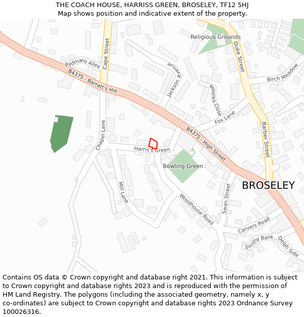 THE COACH HOUSE, HARRISS GREEN, BROSELEY, TF12 5HJ: Location map and indicative extent of plot