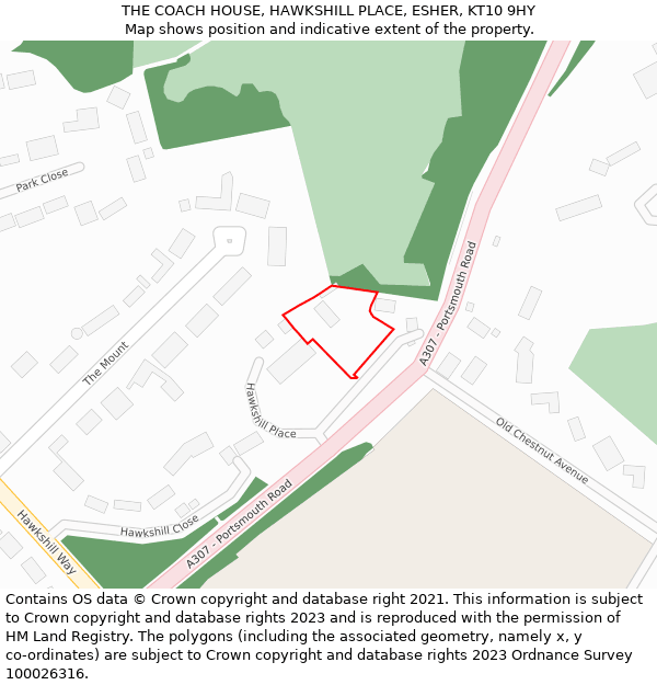 THE COACH HOUSE, HAWKSHILL PLACE, ESHER, KT10 9HY: Location map and indicative extent of plot
