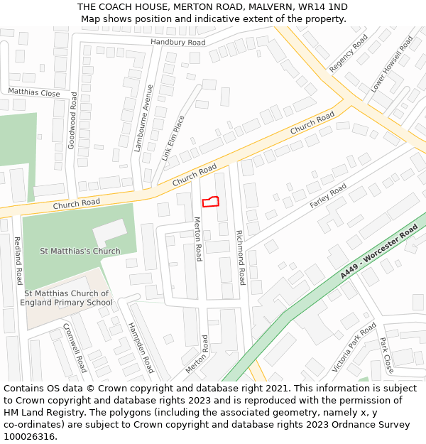THE COACH HOUSE, MERTON ROAD, MALVERN, WR14 1ND: Location map and indicative extent of plot