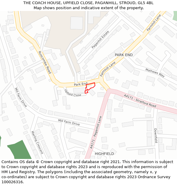 THE COACH HOUSE, UPFIELD CLOSE, PAGANHILL, STROUD, GL5 4BL: Location map and indicative extent of plot