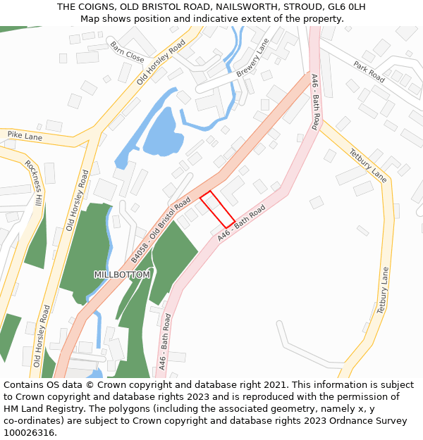 THE COIGNS, OLD BRISTOL ROAD, NAILSWORTH, STROUD, GL6 0LH: Location map and indicative extent of plot