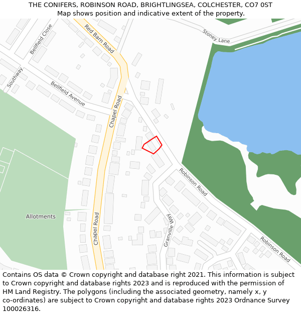 THE CONIFERS, ROBINSON ROAD, BRIGHTLINGSEA, COLCHESTER, CO7 0ST: Location map and indicative extent of plot