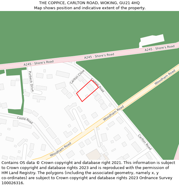 THE COPPICE, CARLTON ROAD, WOKING, GU21 4HQ: Location map and indicative extent of plot