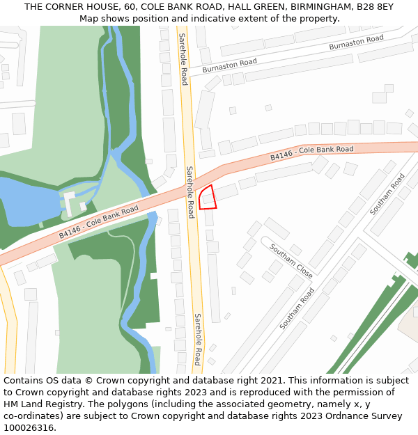 THE CORNER HOUSE, 60, COLE BANK ROAD, HALL GREEN, BIRMINGHAM, B28 8EY: Location map and indicative extent of plot