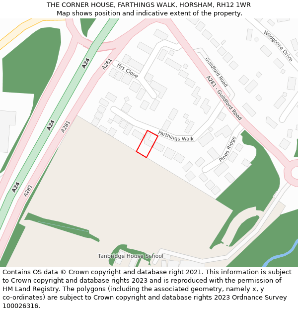 THE CORNER HOUSE, FARTHINGS WALK, HORSHAM, RH12 1WR: Location map and indicative extent of plot