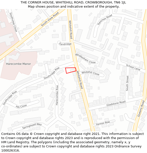 THE CORNER HOUSE, WHITEHILL ROAD, CROWBOROUGH, TN6 1JL: Location map and indicative extent of plot