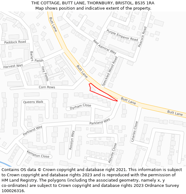 THE COTTAGE, BUTT LANE, THORNBURY, BRISTOL, BS35 1RA: Location map and indicative extent of plot