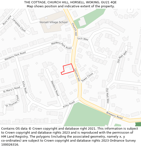 THE COTTAGE, CHURCH HILL, HORSELL, WOKING, GU21 4QE: Location map and indicative extent of plot