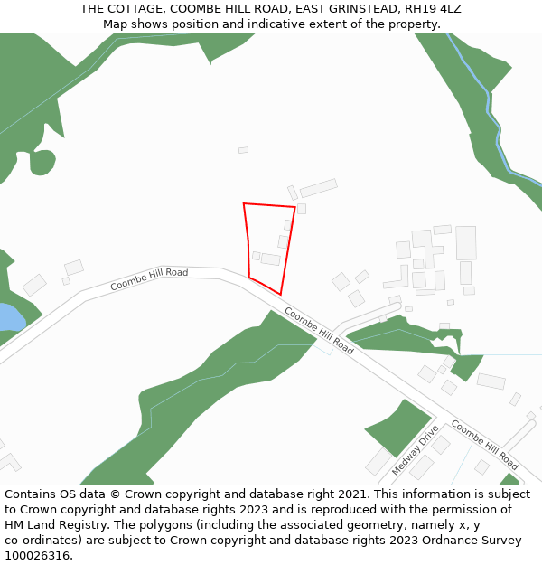 THE COTTAGE, COOMBE HILL ROAD, EAST GRINSTEAD, RH19 4LZ: Location map and indicative extent of plot
