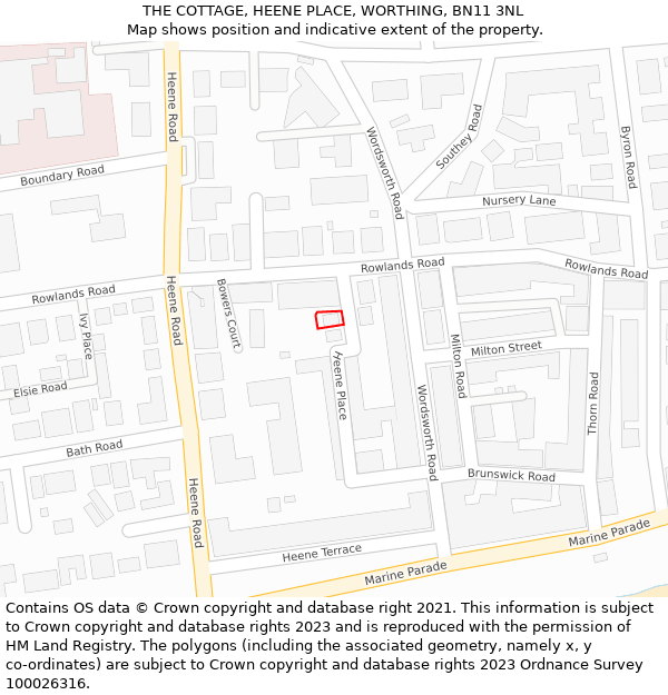 THE COTTAGE, HEENE PLACE, WORTHING, BN11 3NL: Location map and indicative extent of plot