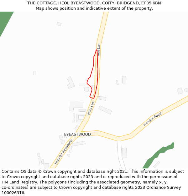 THE COTTAGE, HEOL BYEASTWOOD, COITY, BRIDGEND, CF35 6BN: Location map and indicative extent of plot