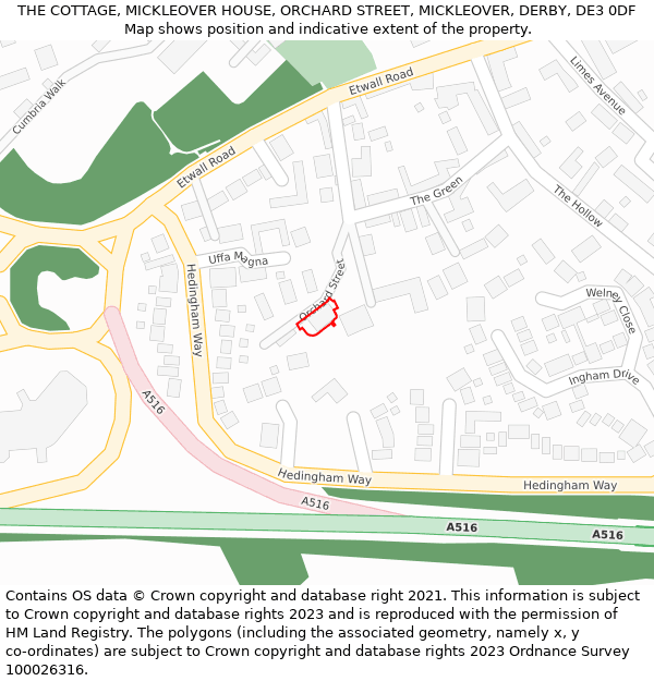 THE COTTAGE, MICKLEOVER HOUSE, ORCHARD STREET, MICKLEOVER, DERBY, DE3 0DF: Location map and indicative extent of plot