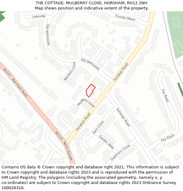 THE COTTAGE, MULBERRY CLOSE, HORSHAM, RH12 2NH: Location map and indicative extent of plot