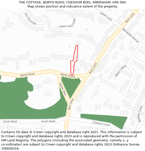 THE COTTAGE, NORTH ROAD, CHESHAM BOIS, AMERSHAM, HP6 5NA: Location map and indicative extent of plot