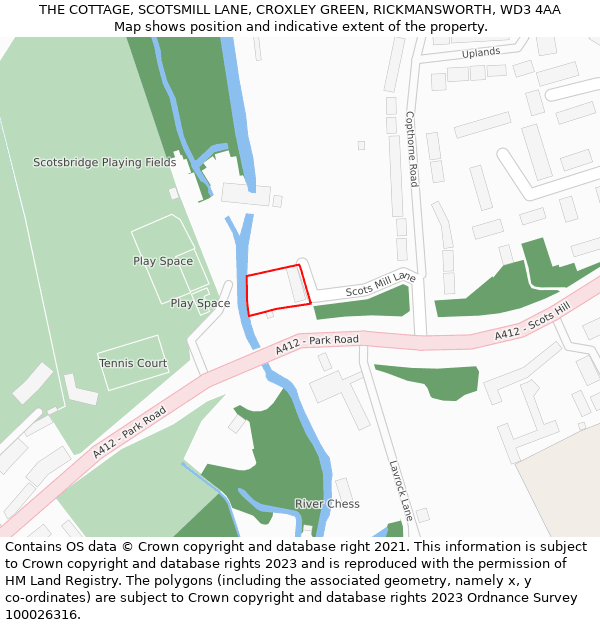 THE COTTAGE, SCOTSMILL LANE, CROXLEY GREEN, RICKMANSWORTH, WD3 4AA: Location map and indicative extent of plot