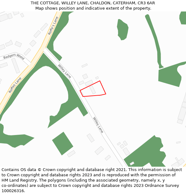 THE COTTAGE, WILLEY LANE, CHALDON, CATERHAM, CR3 6AR: Location map and indicative extent of plot