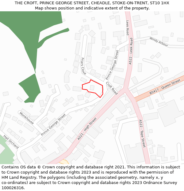 THE CROFT, PRINCE GEORGE STREET, CHEADLE, STOKE-ON-TRENT, ST10 1HX: Location map and indicative extent of plot