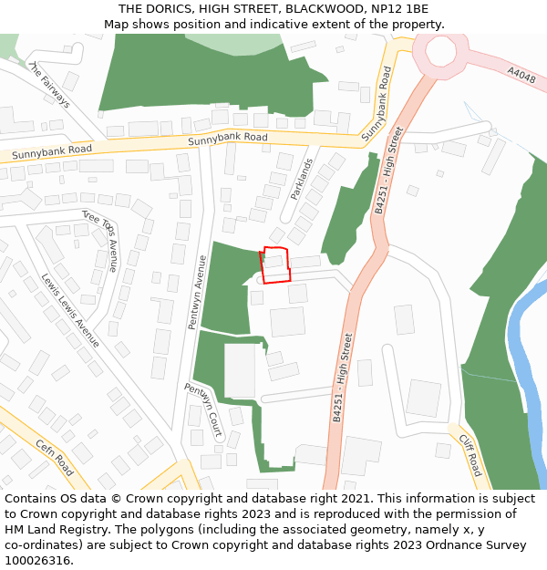 THE DORICS, HIGH STREET, BLACKWOOD, NP12 1BE: Location map and indicative extent of plot