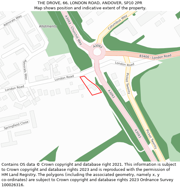 THE DROVE, 66, LONDON ROAD, ANDOVER, SP10 2PR: Location map and indicative extent of plot
