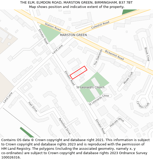 THE ELM, ELMDON ROAD, MARSTON GREEN, BIRMINGHAM, B37 7BT: Location map and indicative extent of plot