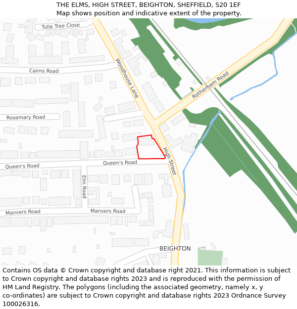 THE ELMS, HIGH STREET, BEIGHTON, SHEFFIELD, S20 1EF: Location map and indicative extent of plot