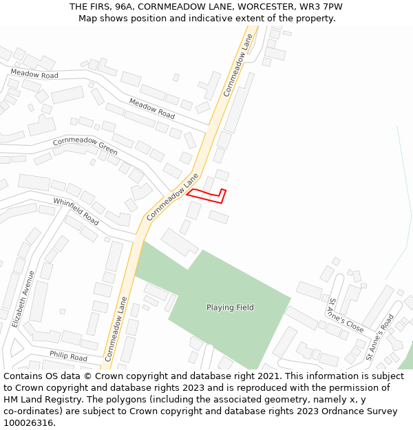 THE FIRS, 96A, CORNMEADOW LANE, WORCESTER, WR3 7PW: Location map and indicative extent of plot