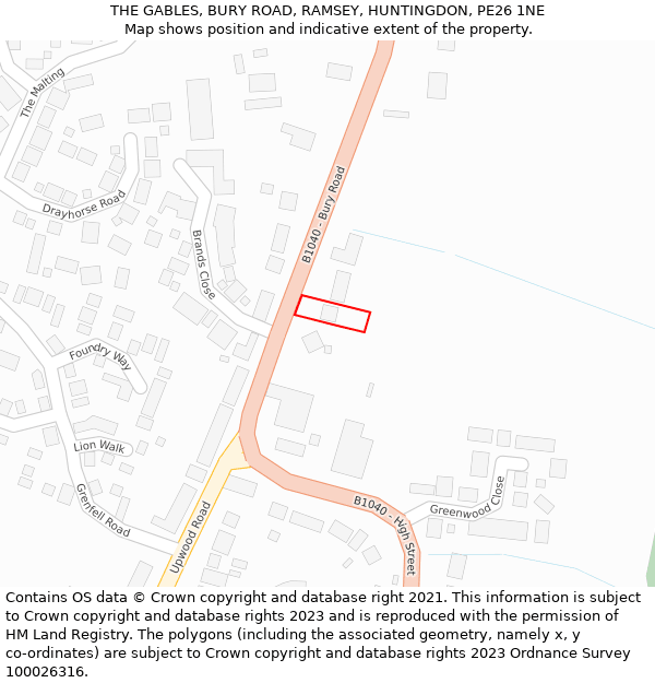 THE GABLES, BURY ROAD, RAMSEY, HUNTINGDON, PE26 1NE: Location map and indicative extent of plot
