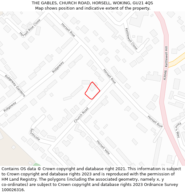 THE GABLES, CHURCH ROAD, HORSELL, WOKING, GU21 4QS: Location map and indicative extent of plot