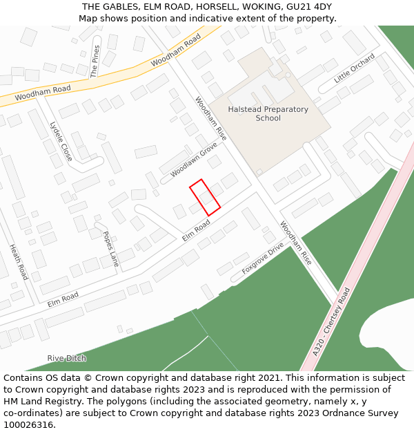 THE GABLES, ELM ROAD, HORSELL, WOKING, GU21 4DY: Location map and indicative extent of plot