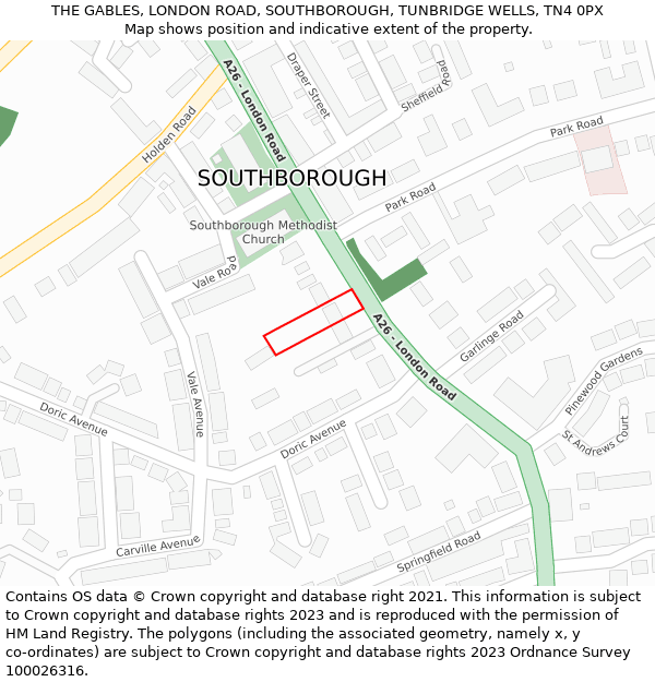 THE GABLES, LONDON ROAD, SOUTHBOROUGH, TUNBRIDGE WELLS, TN4 0PX: Location map and indicative extent of plot