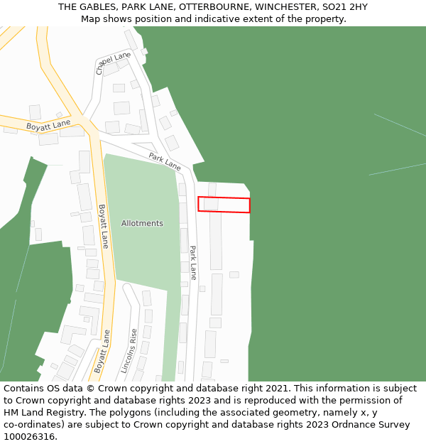 THE GABLES, PARK LANE, OTTERBOURNE, WINCHESTER, SO21 2HY: Location map and indicative extent of plot