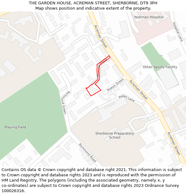 THE GARDEN HOUSE, ACREMAN STREET, SHERBORNE, DT9 3PH: Location map and indicative extent of plot